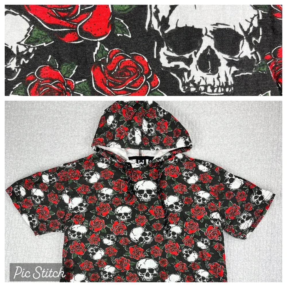Skulls and roses death punk‎ rock/roll Short Sleeve Hoodie Men/Women XL Black